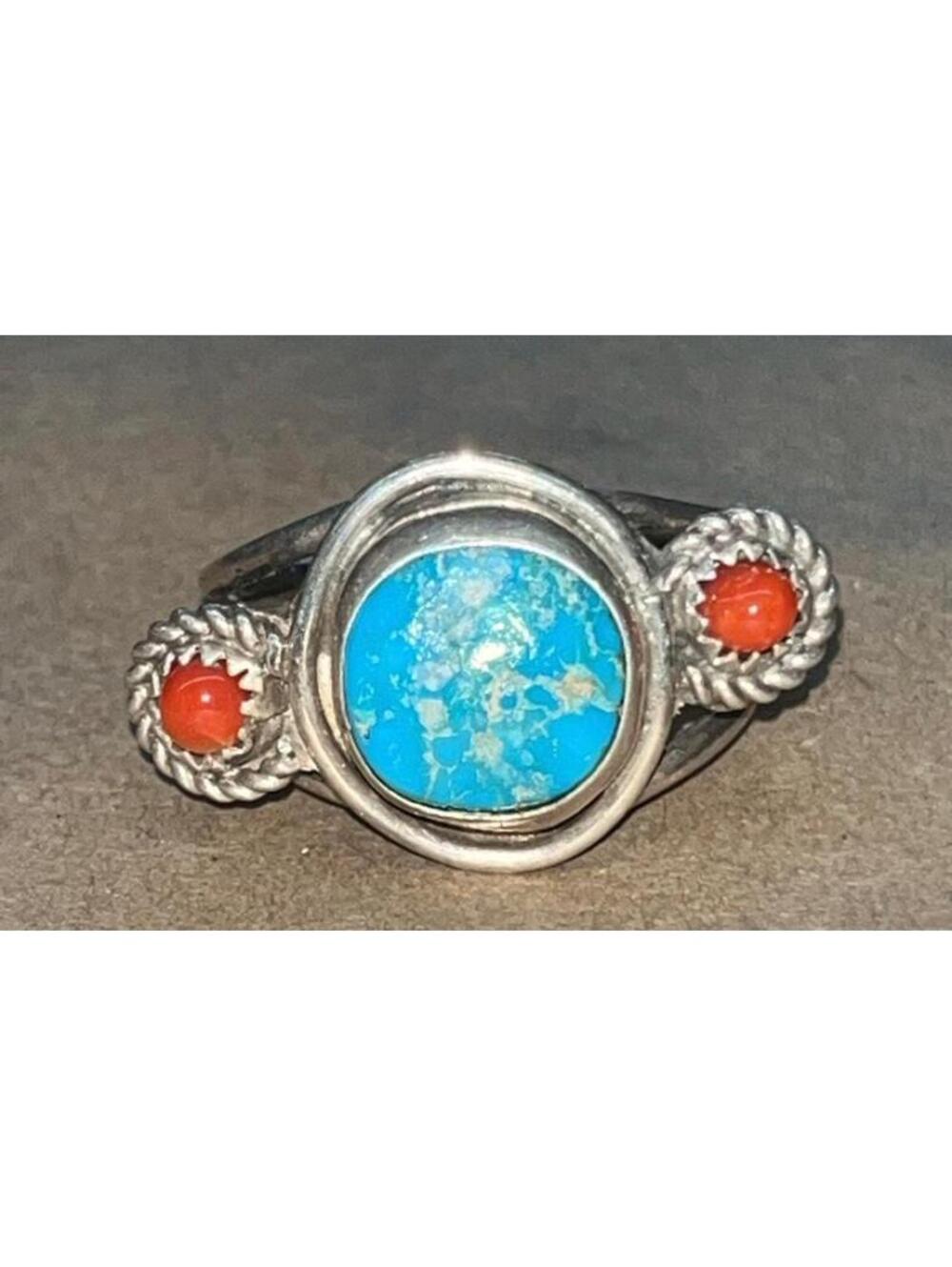 Native American Navajo sterling silver turquoise and coral design ring size 12